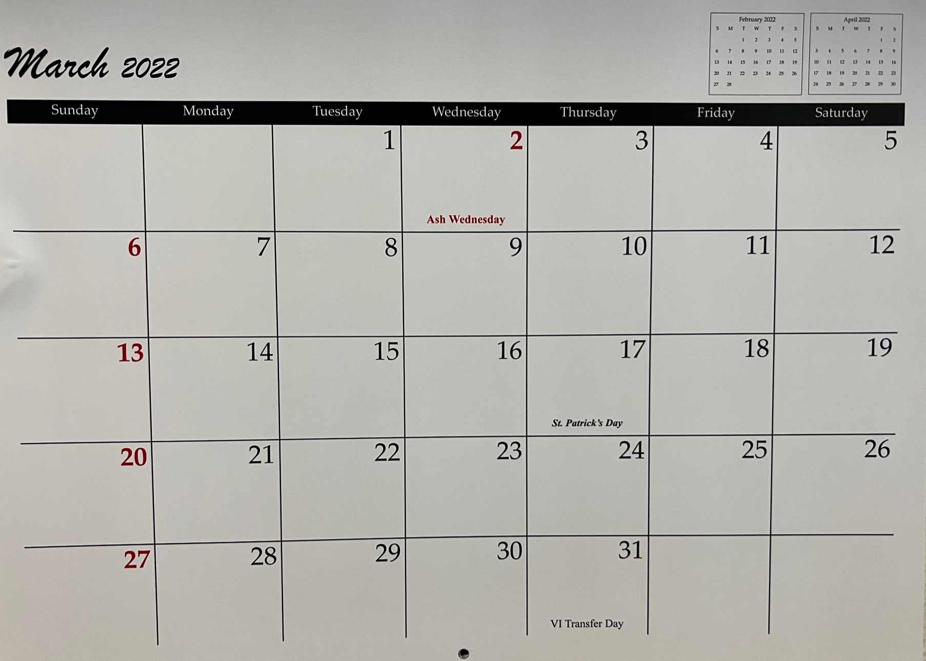 March 2022 calendar
